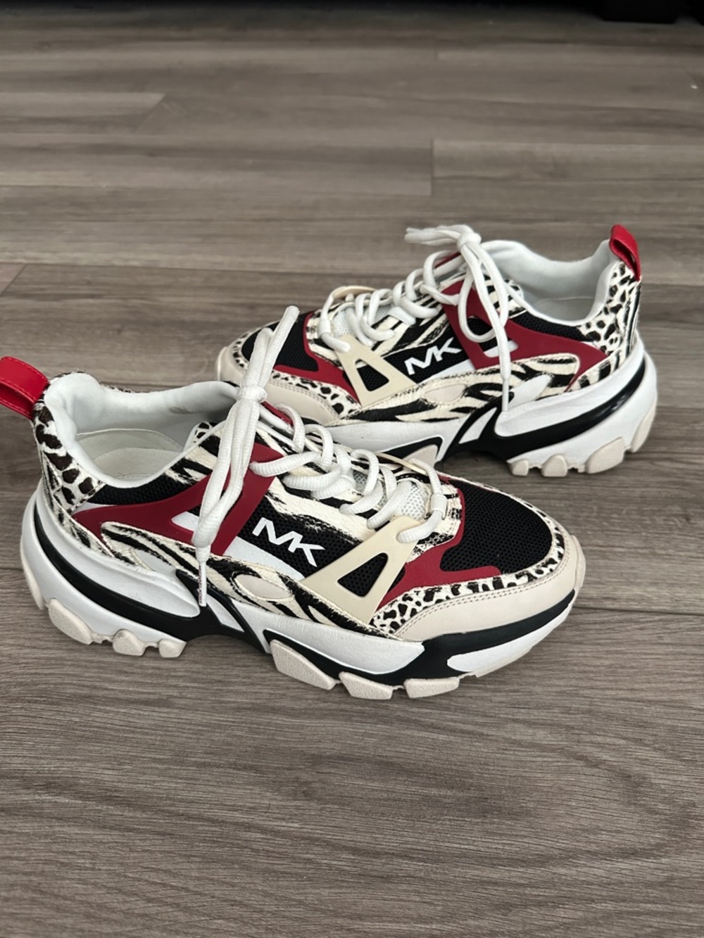 Michael Kors Mixed-Media Chunky Sneaker in Black, Red & Cream with Animal Print